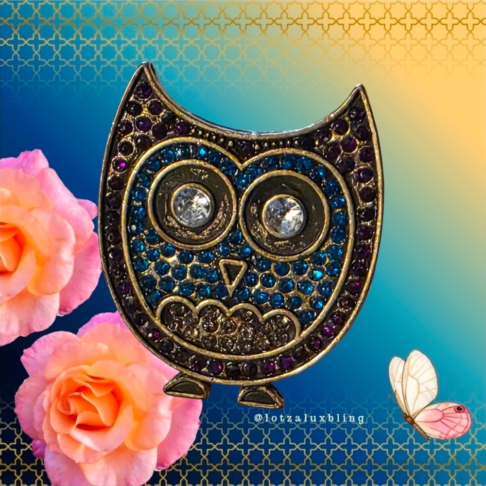 Owl Rhinestone Stretch Statement Ring Blue Purple… - image 1